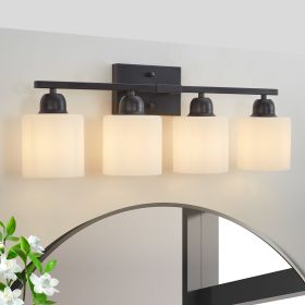 Black Bathroom Light Fixtures, 4-Light Modern Vanity Light Over Mirror, Wall Sconces with Milky White Frosted Glass Shades