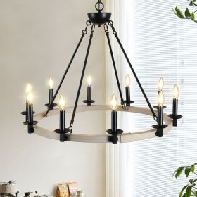 32" Rustic Farmhouse 10-Light Candle Chandelier, Black Metal and Wood Round Hanging Light Fixture for Dining Room, Kitchen, Living Room