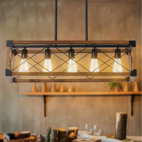 (Same as W1340111207/L1011) 32" Walnut Industrial Farmhouse Rectangle Pendant Light, 5-Light Chandelier for Dining Room, Kitchen Island