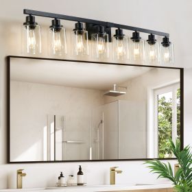 51" Black 8-Light Vanity Light with Clear Glass Shades, Modern Iron Metal Bathroom Wall Fixture for Mirror