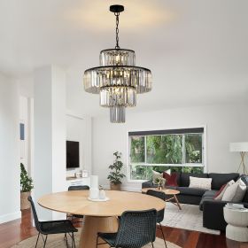 20" Modern Crystal Chandelier with Black Finish, 4-Tier Design for Dining Room or Living Room