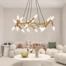 Golden Modern Chandelier Light Fixture, Branch Design with Frosted Tubes, Black Cords, Adjustable Height Pendant Light for Dining Room, Living Ro