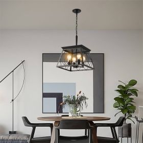 (Same as W1340111204/L1010) 16" Black Gold Industrial 4-Light Pendant Chandelier, Modern Metal Cage Design, Adjustable Hanging Light for Dining R