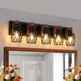 31" Industrial Vintage 5-Light Wall Sconce - Black Cage Wall Lighting Fixture with Wooden Accents for Bathroom, Hallway