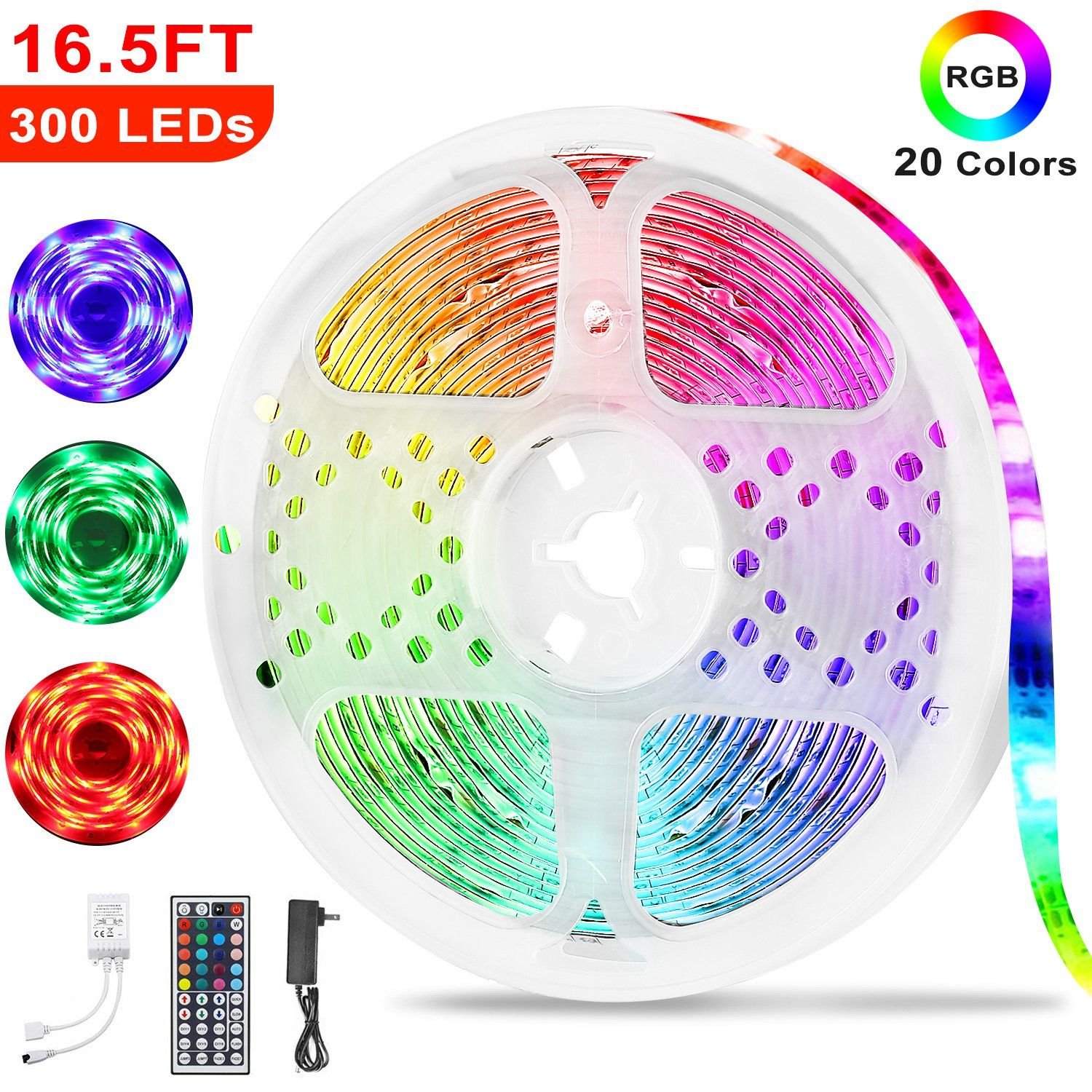 300 LEDs Strip Lights 5M/16.5ft 20 Colors RGB LED Strip IP65 Waterproof ...