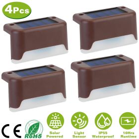 4Pcs Solar Powered LED Step Lights Outdoor IP55 Waterproof Dusk To Dawn Sensor Fence Lamps (Light color: White, Color: brown)
